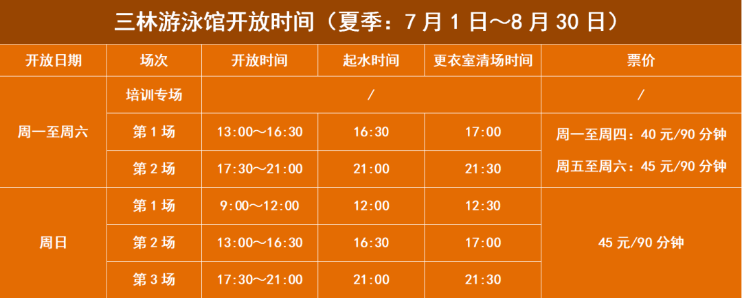 三林游泳馆2020年度夏季高峰开放时间安排