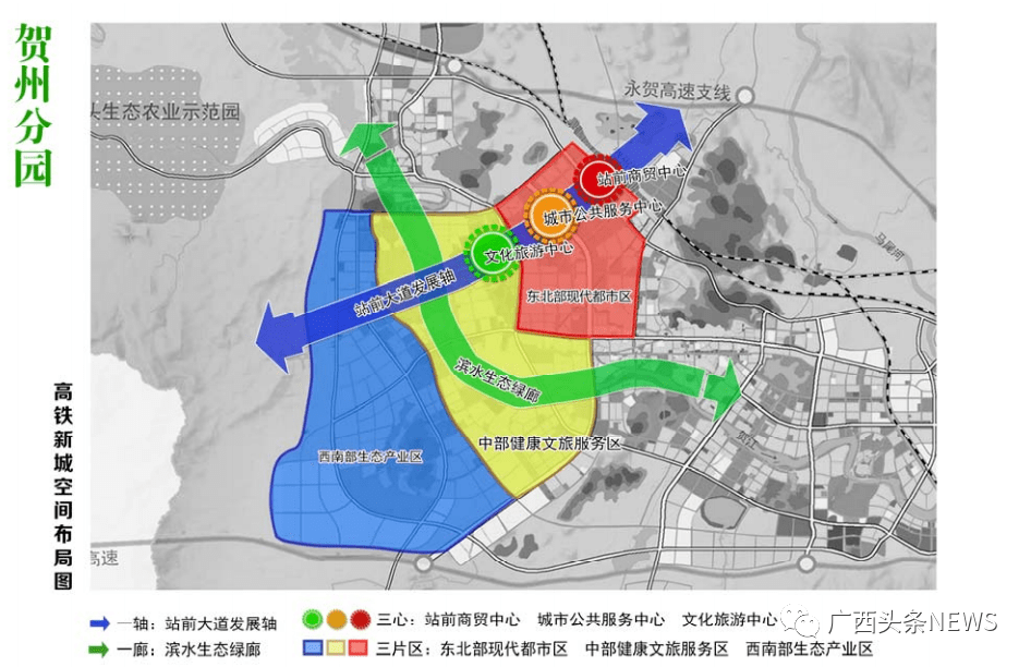 以东融大道有机连接贺州市东融新区,贺州生态产业园,形成高铁新城片区