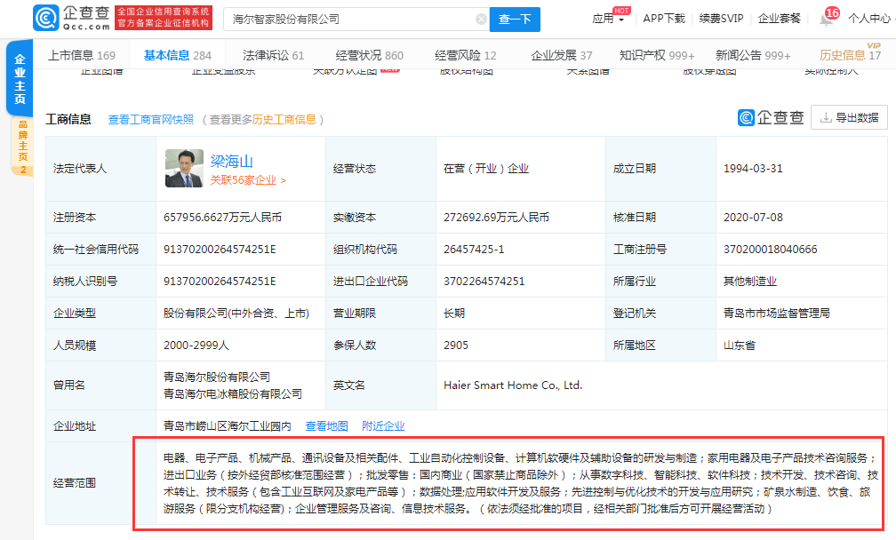设备|海尔智家股份有限公司注册资本增加，增幅超2亿