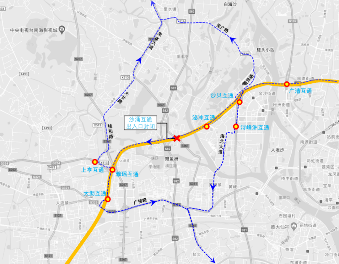 ①广佛高速→沙贝互通立交→善贤路→里广路→里水大道②广佛高速