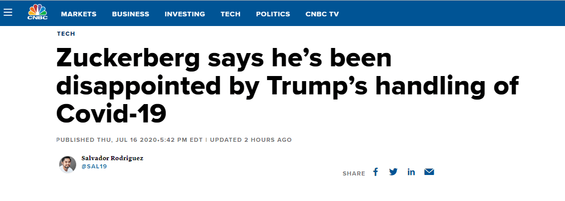 环球网|扎克伯格批评特朗普政府疫情应对：到现在了，政府还有人质疑戴口罩