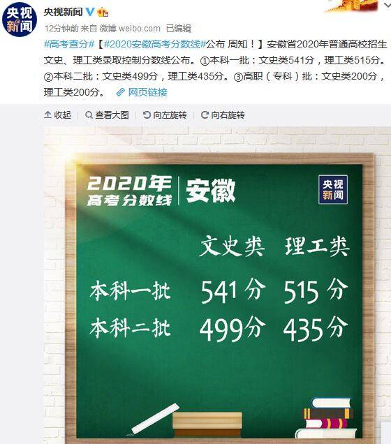 分数线|2020安徽高考分数线公布：一本文史类541分，理工类515分