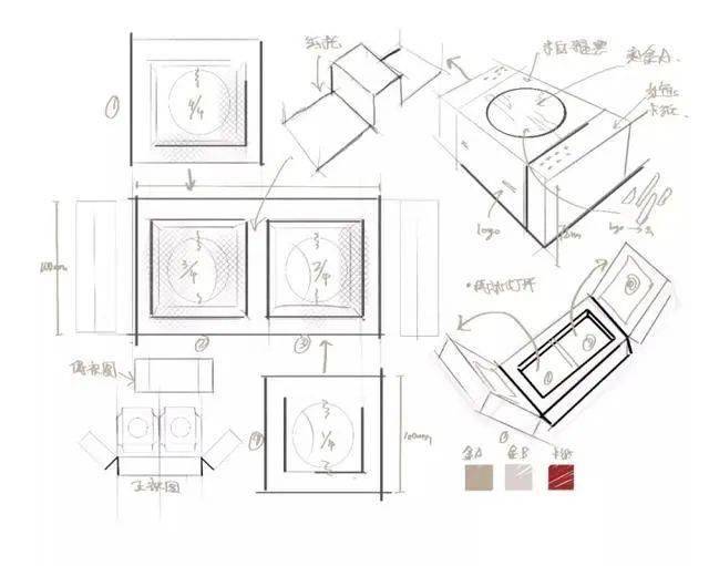 设计草图/月饼礼盒的包装形象设计②初稿白模完成设计初稿后,技术部