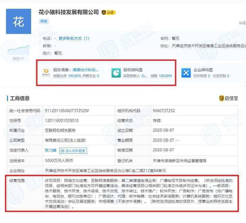 服务|滴滴成立花小猪科技发展有限公司