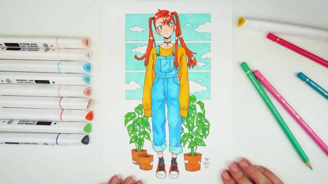 绘画教程 马克笔双马尾女生插画手绘教程视频