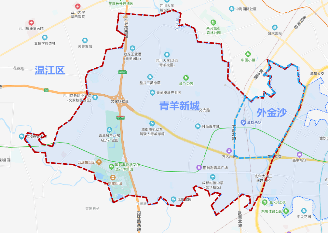 管辖苏坡,文家,黄田坝3个街道办事处,以及被日月,光华,it三条大道及