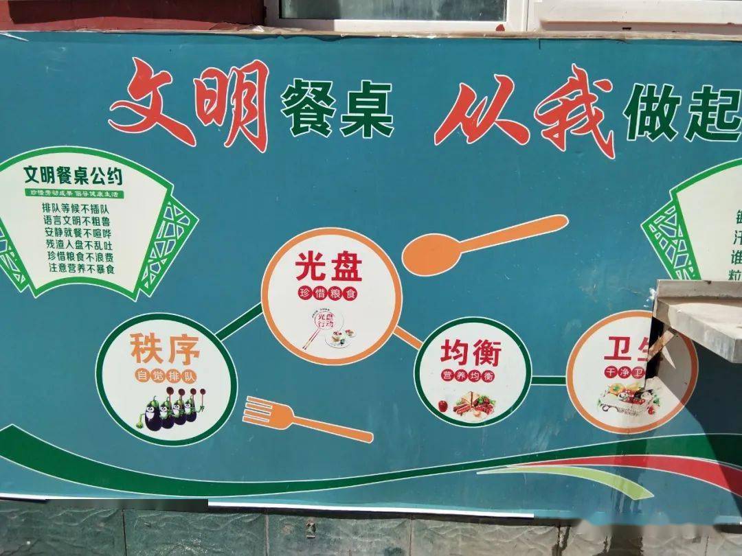 该校在师生餐厅的入口处,喷绘"文明餐桌公约""文明餐厅从我做起"等