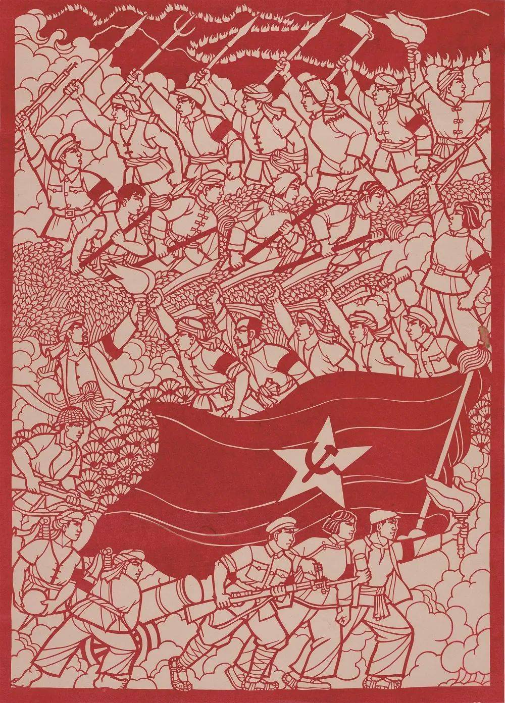 本次展览共精选红色题材剪纸作品30幅,分为"建国前的峥嵘岁月"及"新