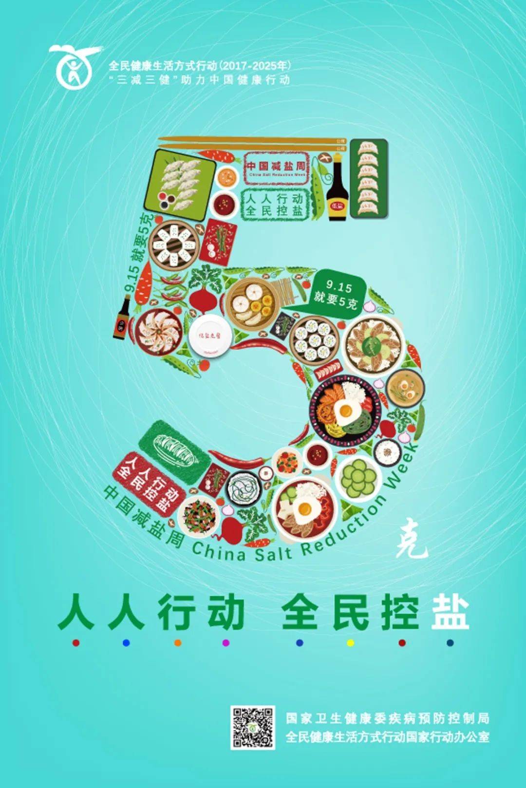 向公众宣传"915(就要5克)的减盐理念,传播低盐饮食知识,促进全社会