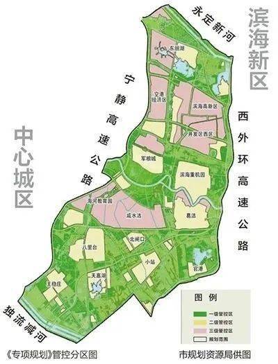 生态廊道主体东至津南郊野公园,南至小年庄路—兴源道,西至独流减河