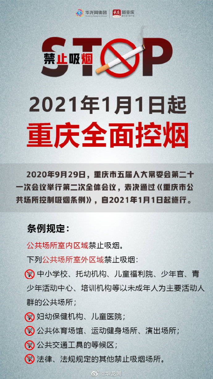 2021年1月1日起 重庆公共场所全面控烟