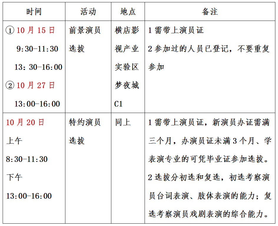 注意10月份横店前景特约演员选拔日期有变