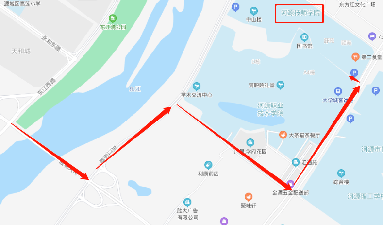 河源技师学院西门大家可以选择一条适合自己的路线前往河源市技师学院