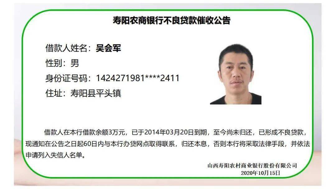 【贷款催收】寿阳农商银行2020年不良及逾期贷款催收公告第三十八期