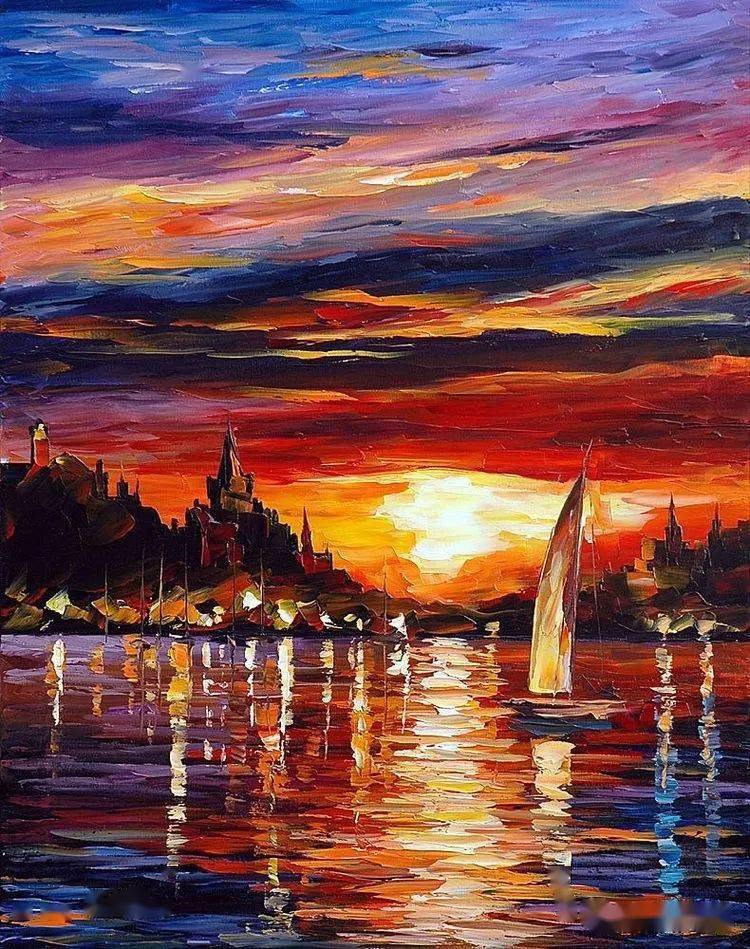 油画临摹素材色彩浓郁的夕阳风厚涂风景