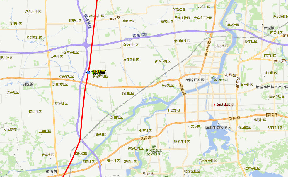 2,诸城西站:位于诸城市区西侧约10公里的郭家埠村附近,潍日高速以东