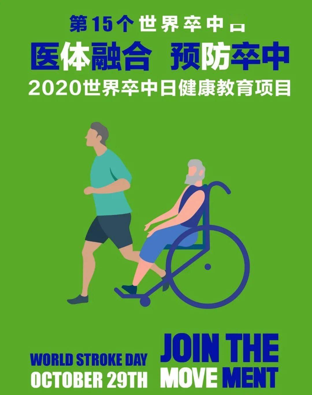 10月29日是第15个世界卒中日,今年的主题是"医体融合,预防卒中,口号