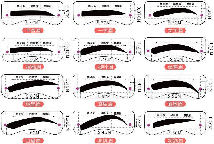 方脸:明星眉,流星眉,山黛眉,高挑眉,丝雾眉 瓜子脸:一字眉,羽剑眉