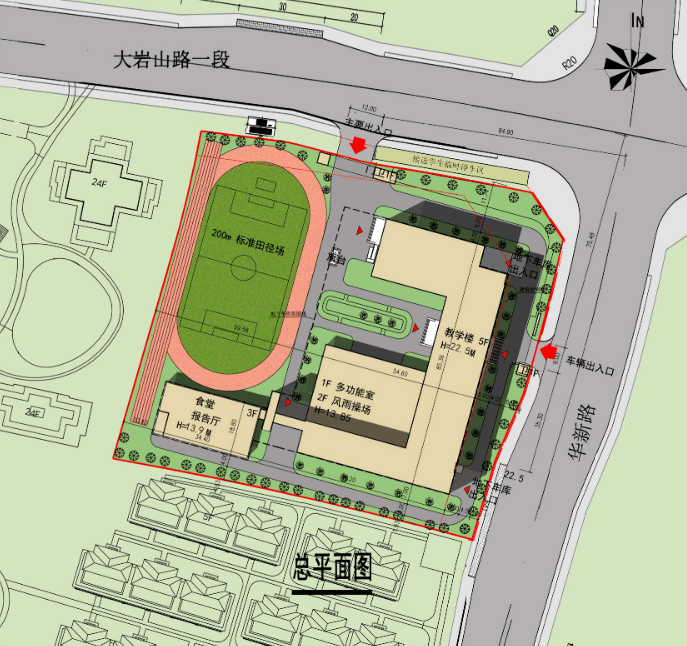 学校位置示意图 规划总用地面积:15120㎡,规划总建筑面积:22022.