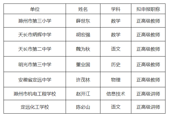 2020年滁州教师入编_滁州市2020年度正高级教师(讲师)评审推荐人员名单公