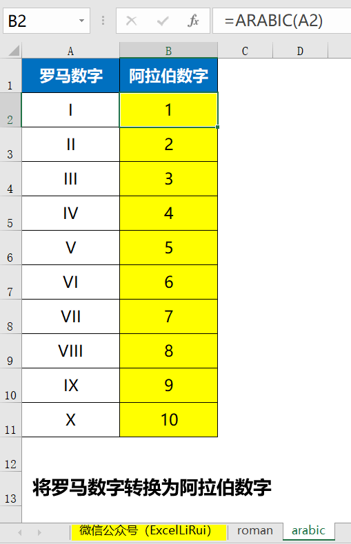 excel中罗马数字和阿拉伯数字转换函数roman和arabic