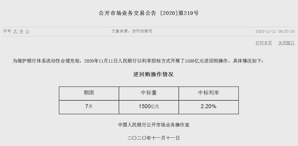 利率招标|央行开展7天期1500亿元逆回购 公开市场净投放300亿元