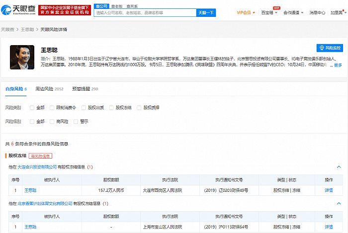 天眼|王思聪股权陆续解冻，目前仅剩2家公司未解冻