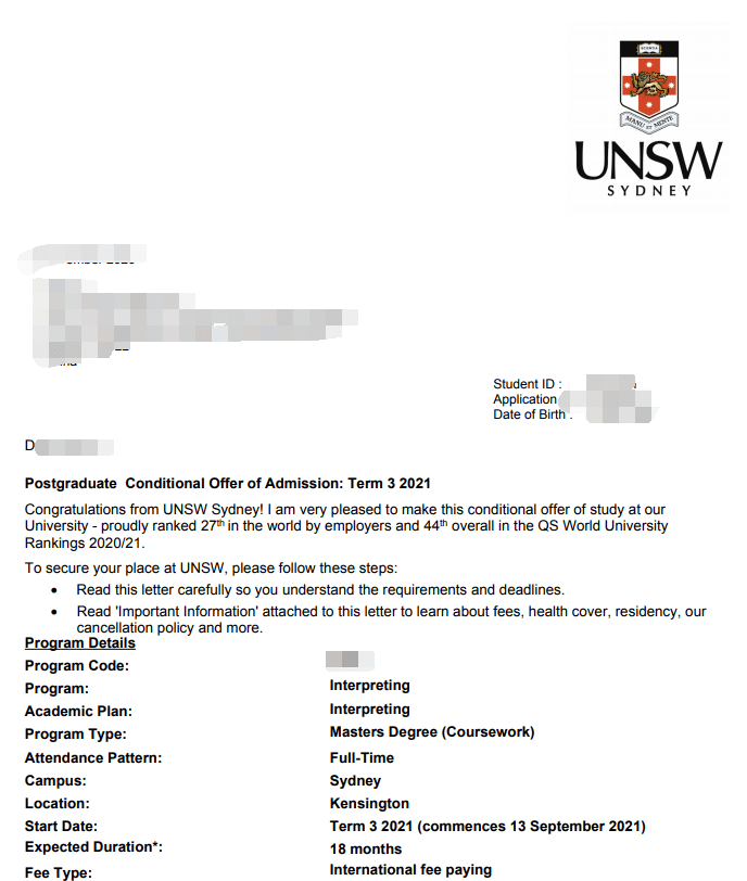 【offer来了】新南威尔士大学口译专业offer一枚