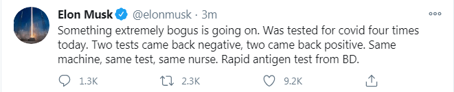 埃隆·马斯克|埃隆·马斯克刚刚发推：今天四次核酸检测，两次阴性，两次阳性！