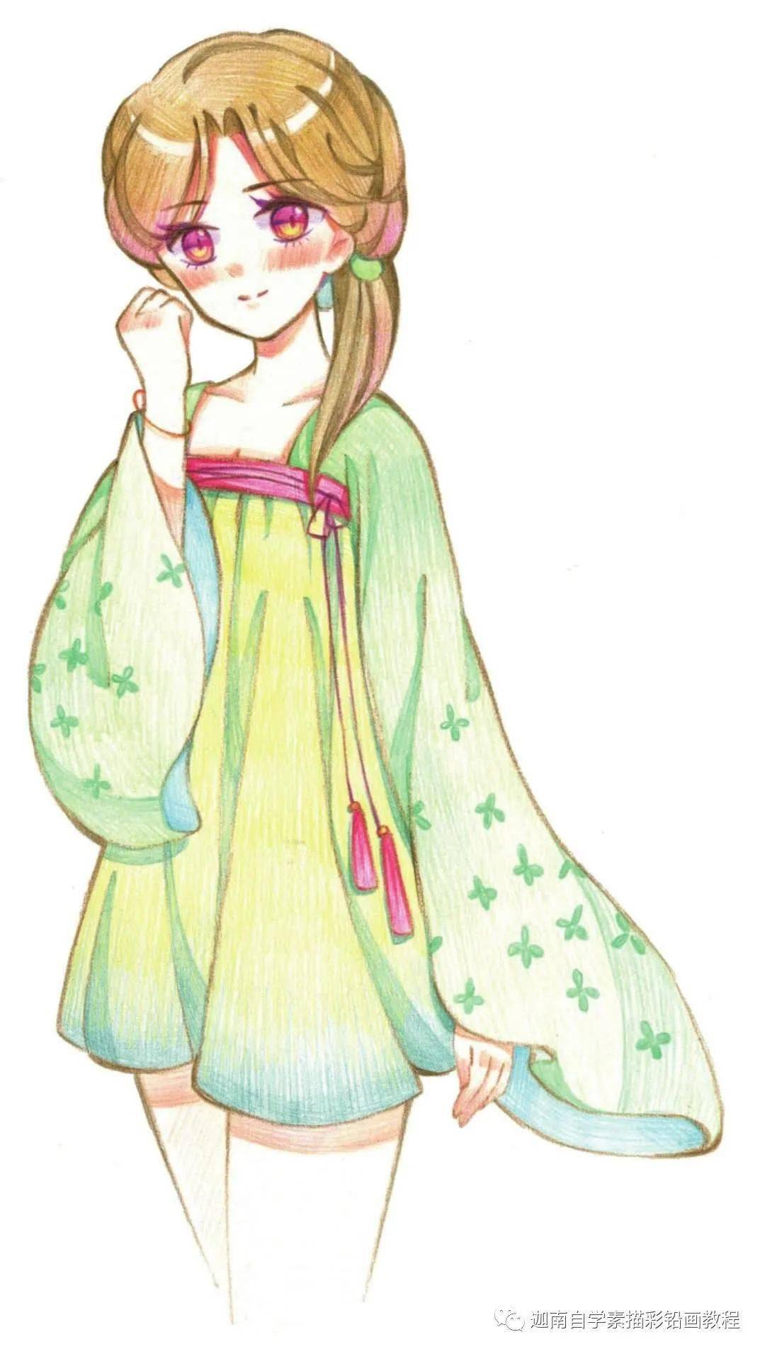 彩铅画的动漫古装小姑娘