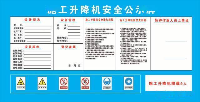 施工升降机安全公示牌应挂设在升降机 防护棚处,图牌尺寸为1.8米x1.