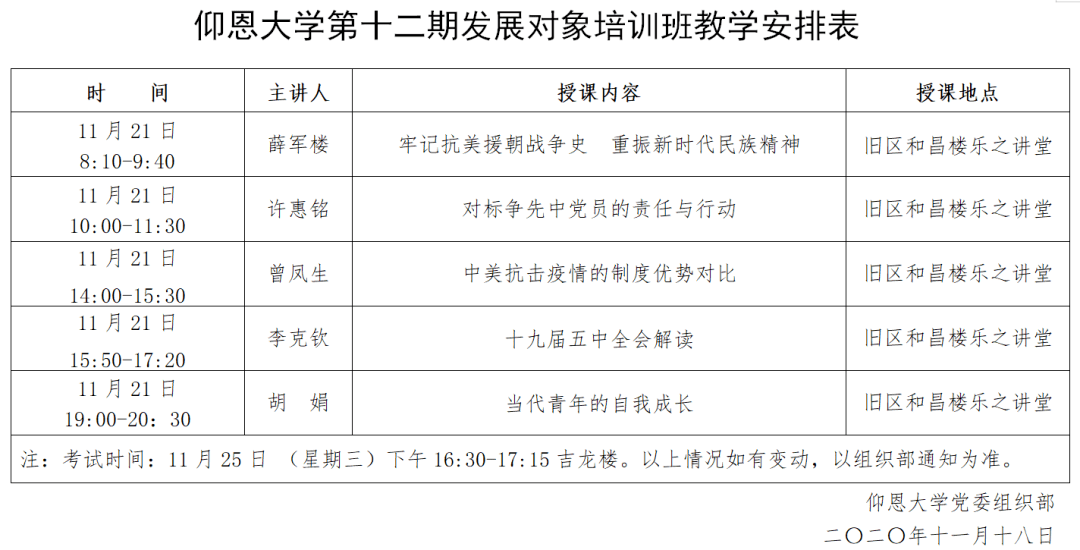 仰恩大学第十二期发展对象培训班教学安排