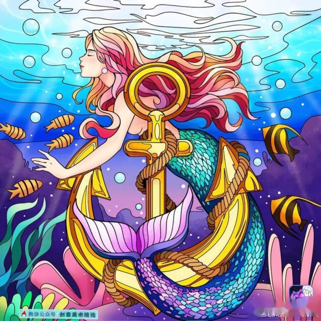 儿童画素材——漂亮的美人鱼主题创意色彩装饰画