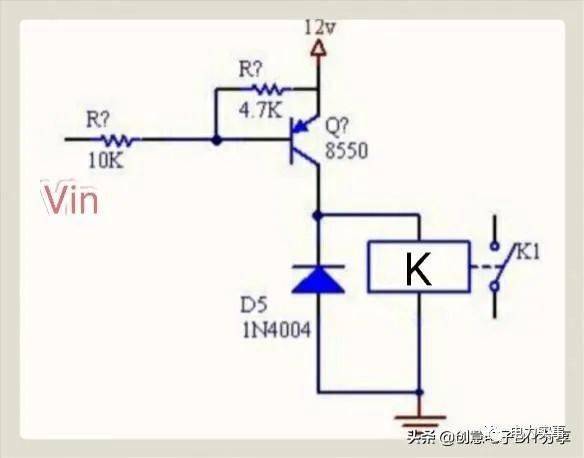 图中是采用pnp型三极管8550来驱动继电器工作,电路的工作电压为12v