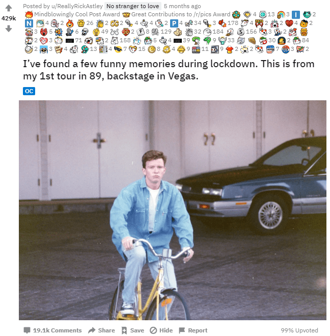 歌手rick astley分享1989年骑车老照片 喜获reddit网友42万 点赞