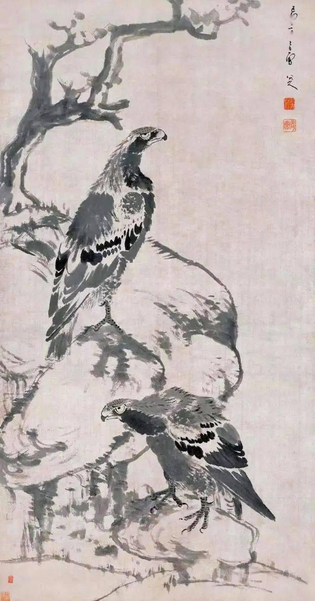 雙鷹圖 三幅八大山人《双鹰图》，精彩!_笔墨