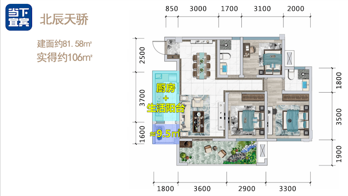 这是北辰天骄的一个小三室户型,建面不到82,但是实得有106㎡的样子