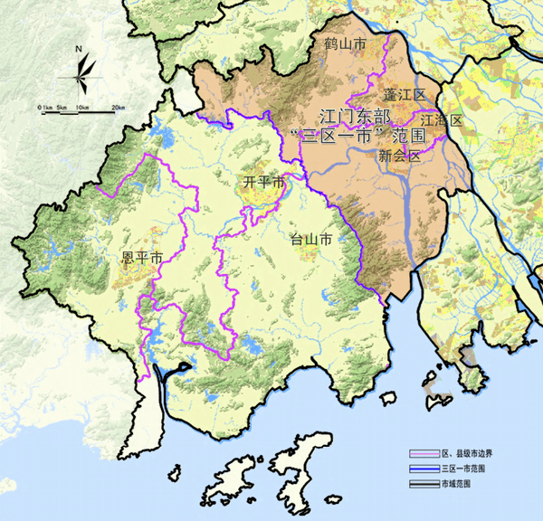 江门三区一市,即 蓬江区,江海区,新会区和鹤山市,包含23镇,13个街道