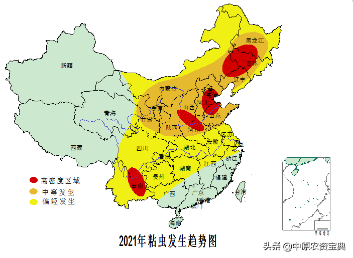 大部地区为中等发生,北方和西南部分玉米产区会出现高密度群体.