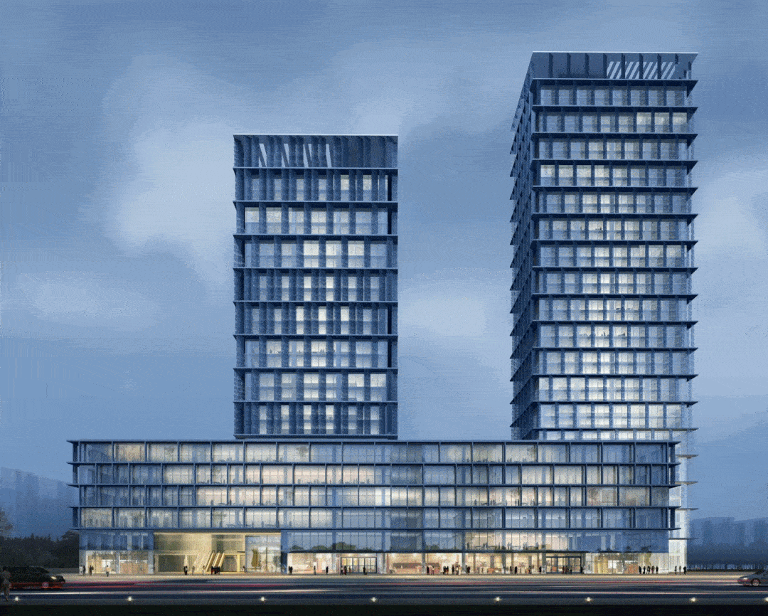 超高层办公作为该项目的主导建筑体,整体立面极致简洁,利用顶部和两个
