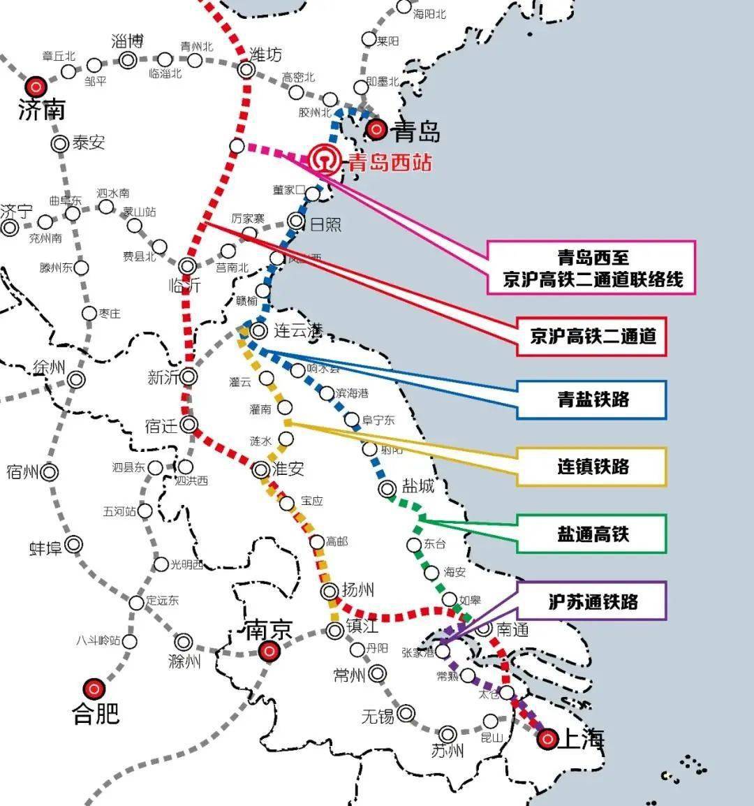 一条经盐通铁路,沪苏通铁路运行,一条经连(连云港)镇(镇江)高铁运行