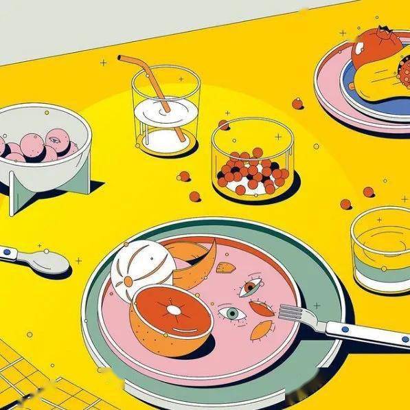 插画这组美食主题插画设计有着鲜艳明快的色彩