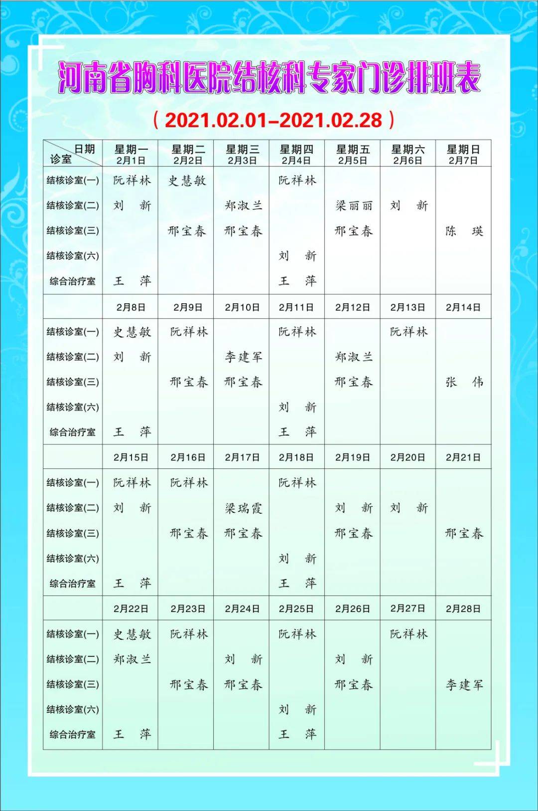 河南省胸科医院专家门诊坐诊表(2021年2月1日——2月28日)