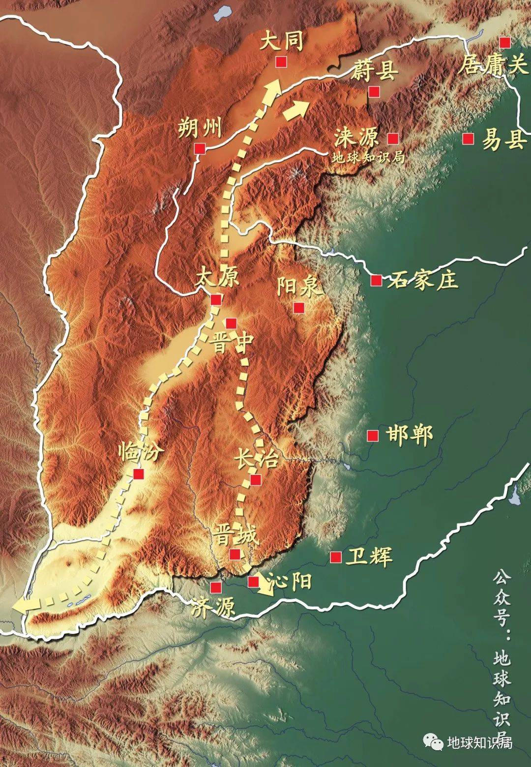 盆地,向北可沟通忻州,朔州,大同至北京或蒙古高原,向东南可沟通长治