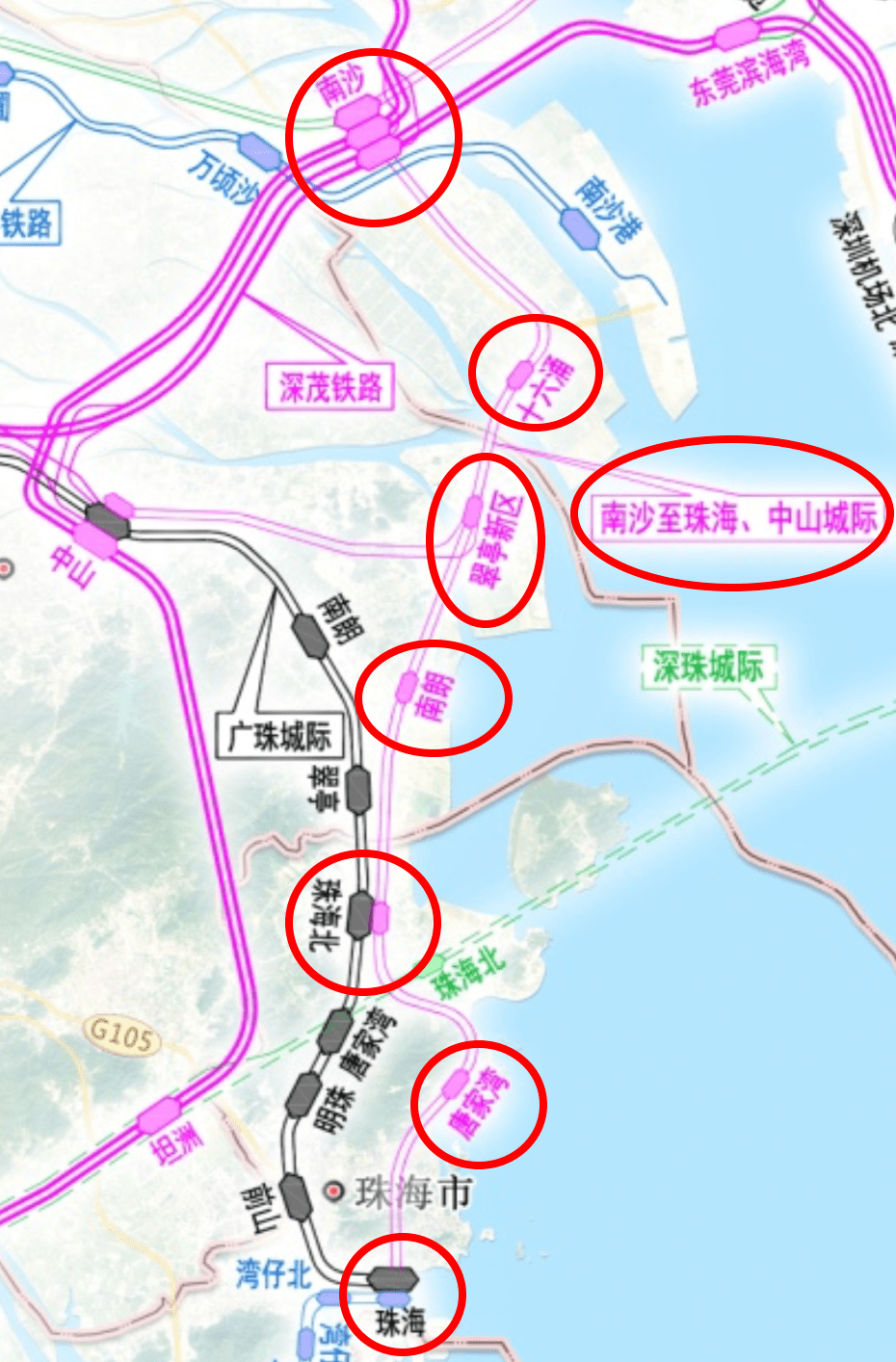 将在中山市翠亨新区设站,其后主线前往珠海,经唐家湾穿越珠海市中心