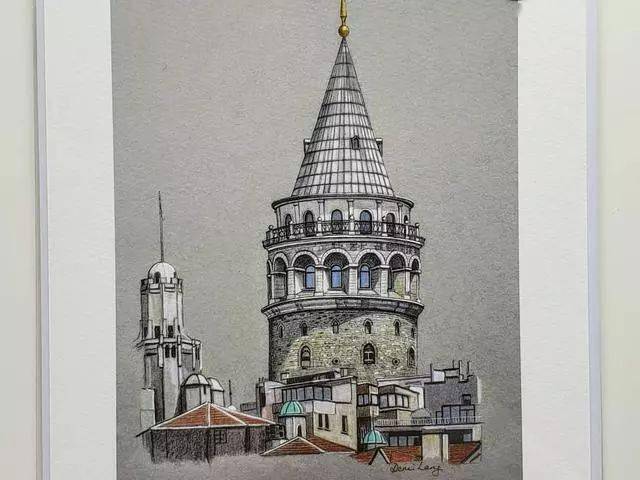 画师用彩铅在灰卡上画建筑透视比例严谨细节刻画精准