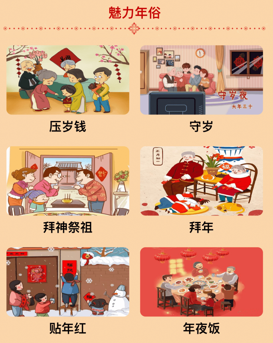 活动内容 魅力年俗 剪贴窗花,吃年夜饭,除夕守岁,舞龙舞狮,分发压岁钱