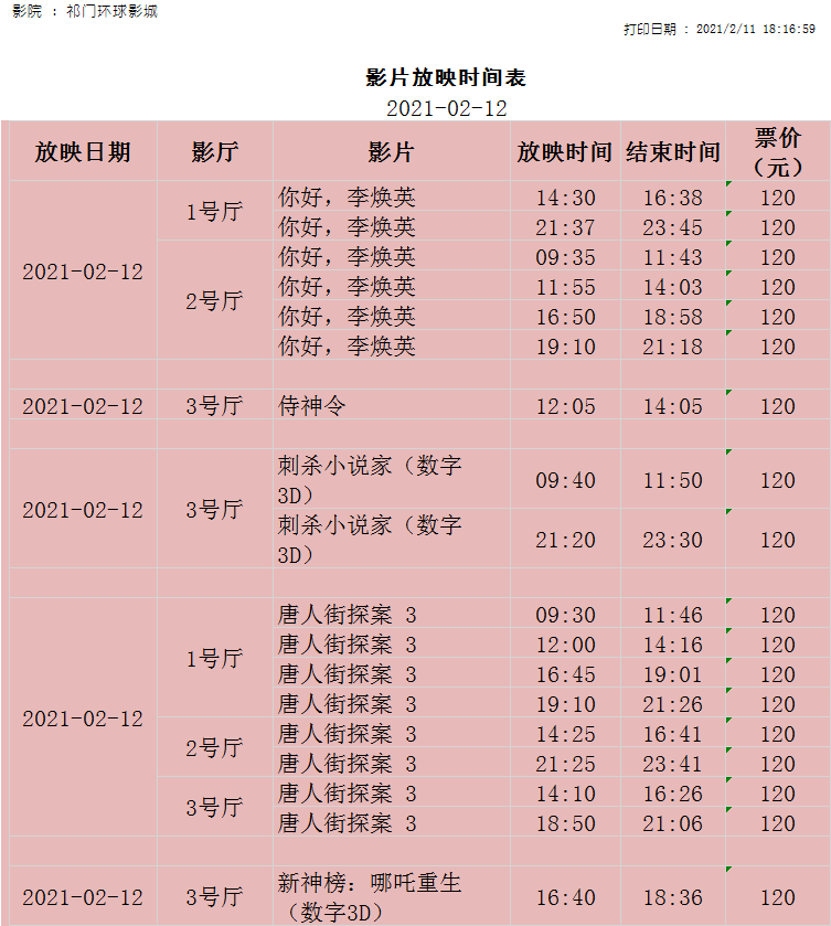 【影讯】环球影城2月12日(星期五)排片表