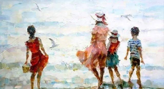 油画《海边戏水》