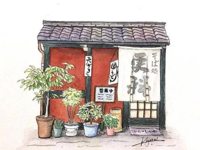 作品来自:ins:krystal_jin_626清新钢笔淡彩手绘~日本街边小店铺